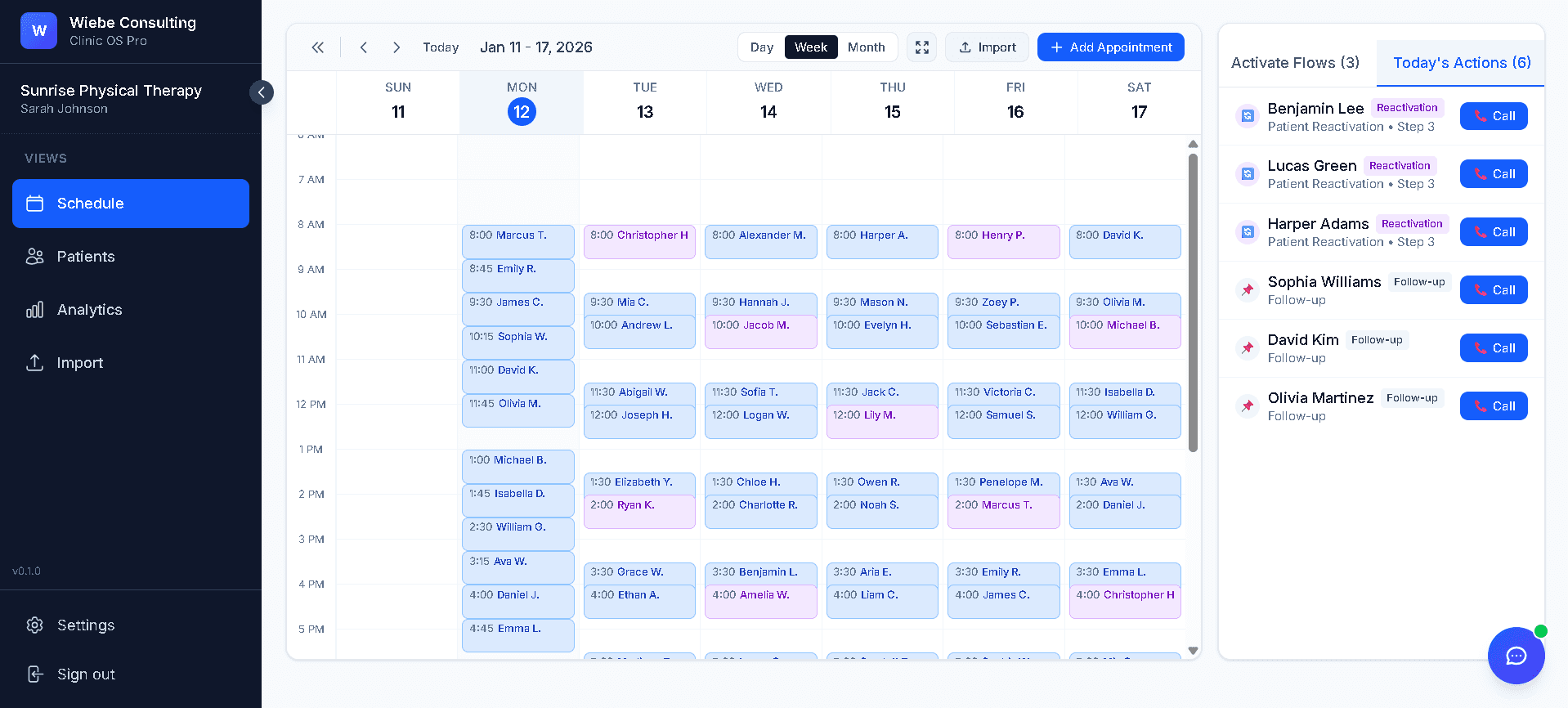 Clinic OS Pro Dashboard - Schedule view with daily action list