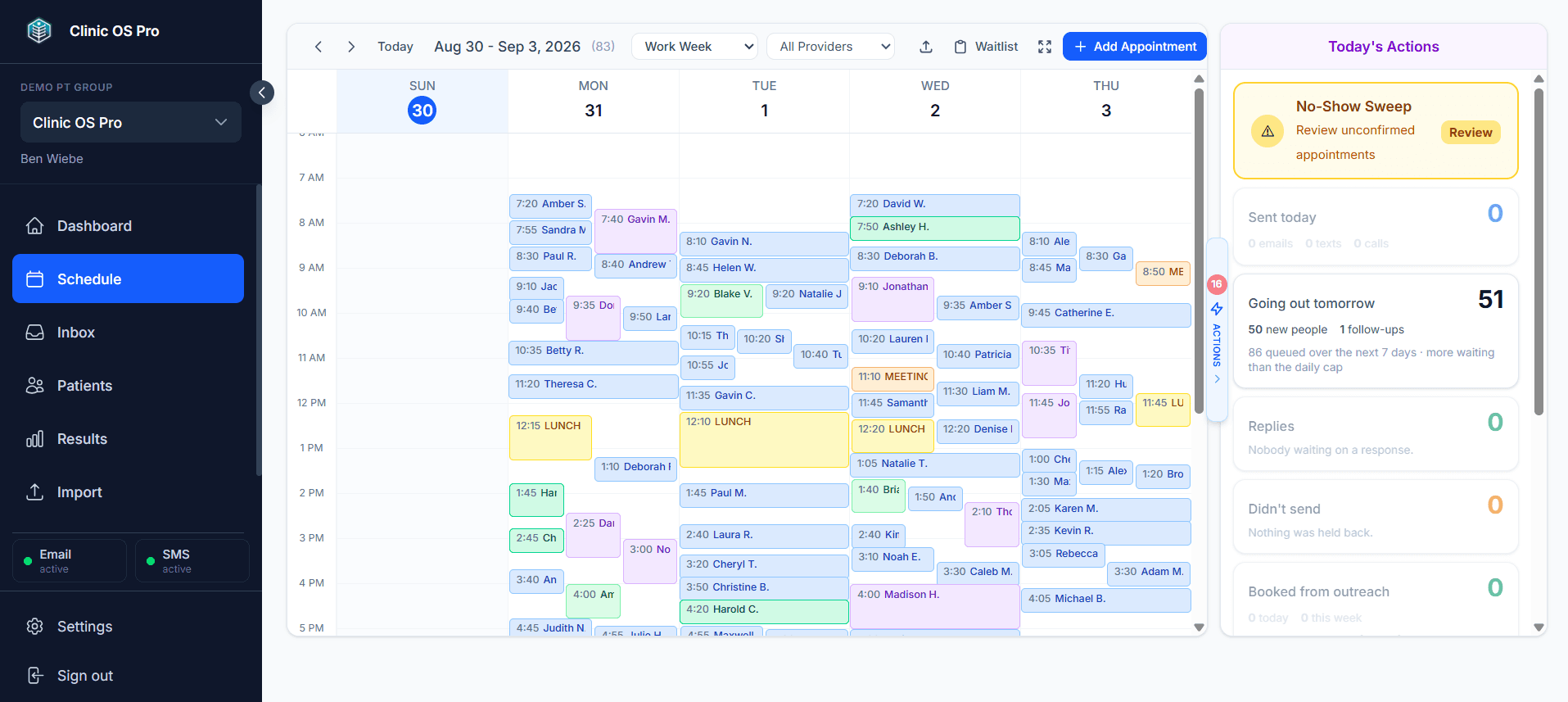 The Clinic OS Pro schedule, a week of appointments beside a Today's Actions panel showing the no-show sweep and 51 messages going out tomorrow